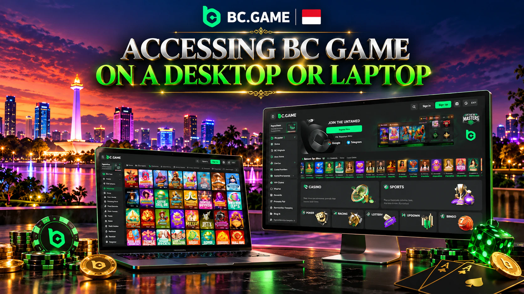 Accessing BC Game on a desktop computer or laptop. User guide in Indonesian.